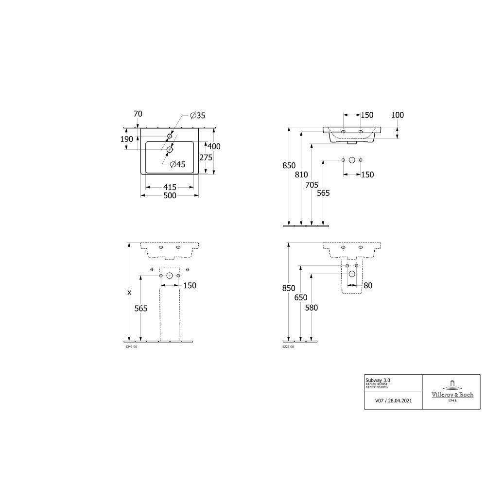 Раковина подвесная Villeroy & Boch Subway 3.0 50см 4370FF01 белый