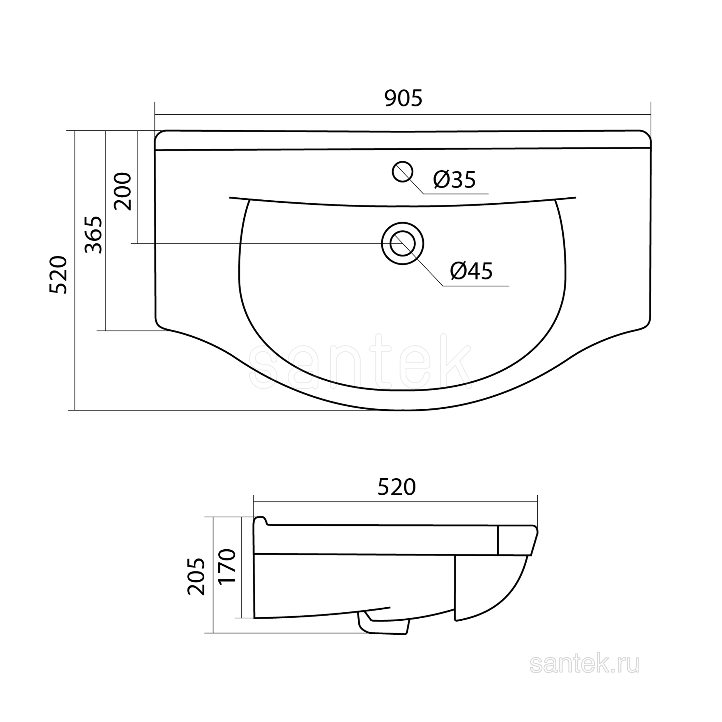 Раковина Santek Эльбрус 90 отверстие под смеситель 1WH110790