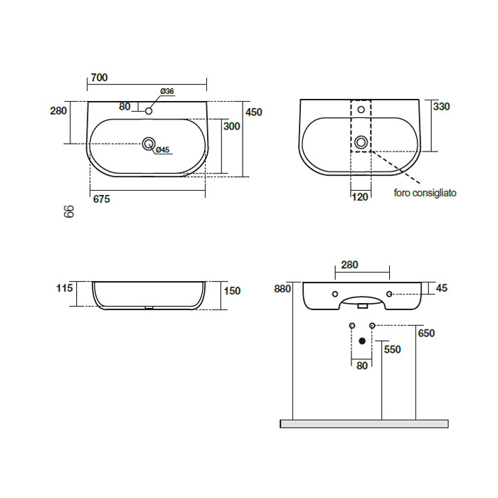 Раковина подвесная / накладная 70см Kerasan Nolita 534201*1 белый