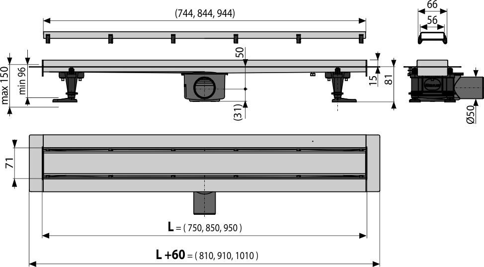 Душевой лоток Alcaplast Modular APZ13-DOUBLE9-950 с ножками и решеткой