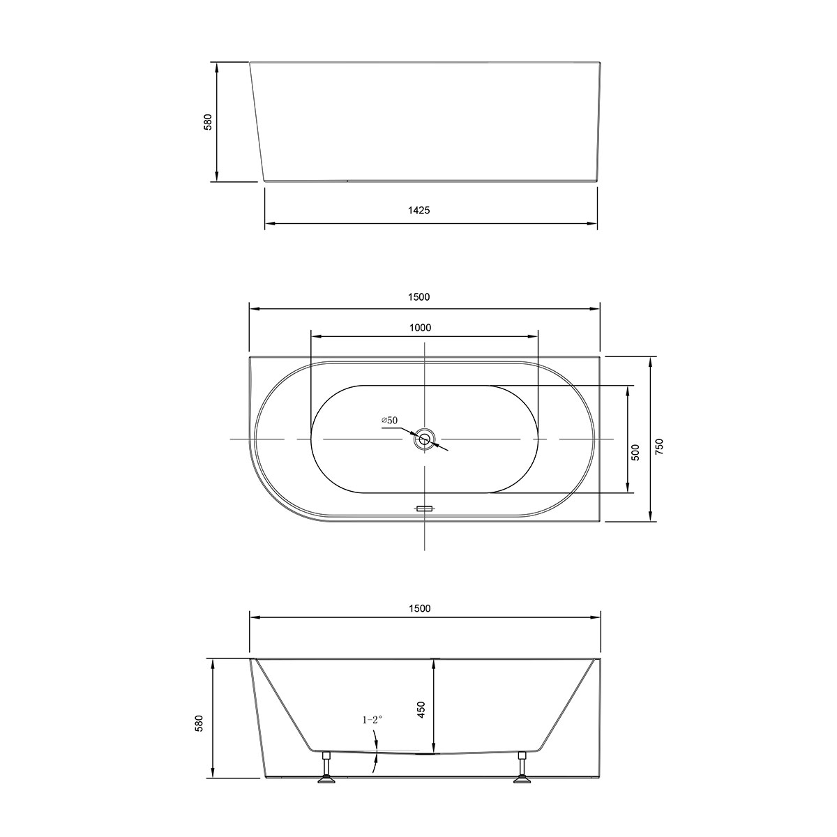 Ванна акриловая Vincea VBT-402-1500R, 1500*750*580, цвет белый, правая, слив-перелив в комплекте, хром