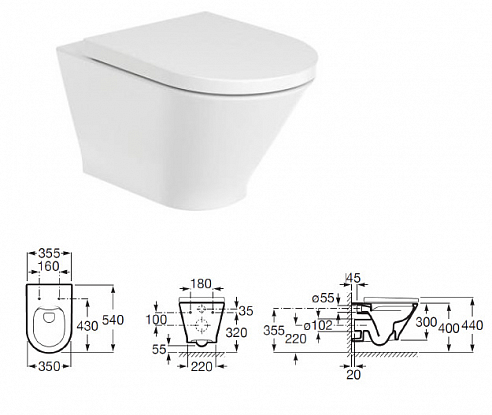 Комплект унитаза с инсталляцией Roca Gap round 893105000, глубина унитаза 54см, без клавиши в комплекте, с микролифтом, безободковый, быстросъемное
