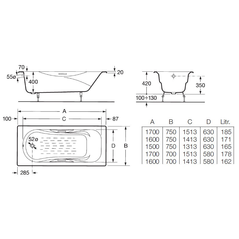 Чугунная ванна Roca Malibu 2334G0000 160х70 см с отверстиями под ручки