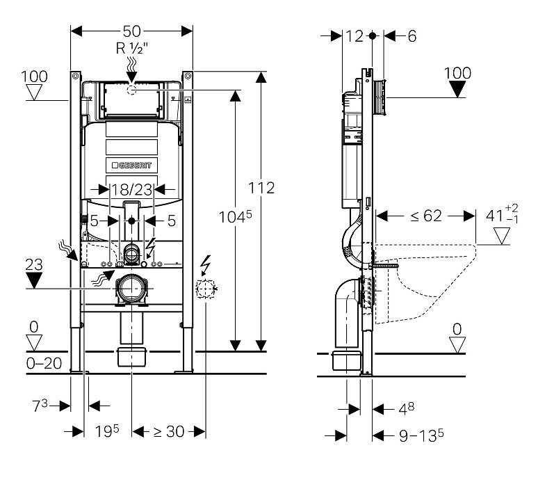 Унитаз с инсталляцией подвесной GEBERIT iCon 500.362.TC.I с горизонтальным выпуском