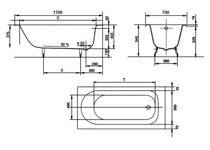 Чугунная ванна Jacob Delafon Soissons 170x70 см без ручек