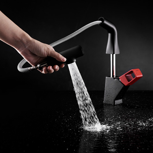 Смеситель для кухни Lemark Soul LM6008BR черный матовый с красной ручкой