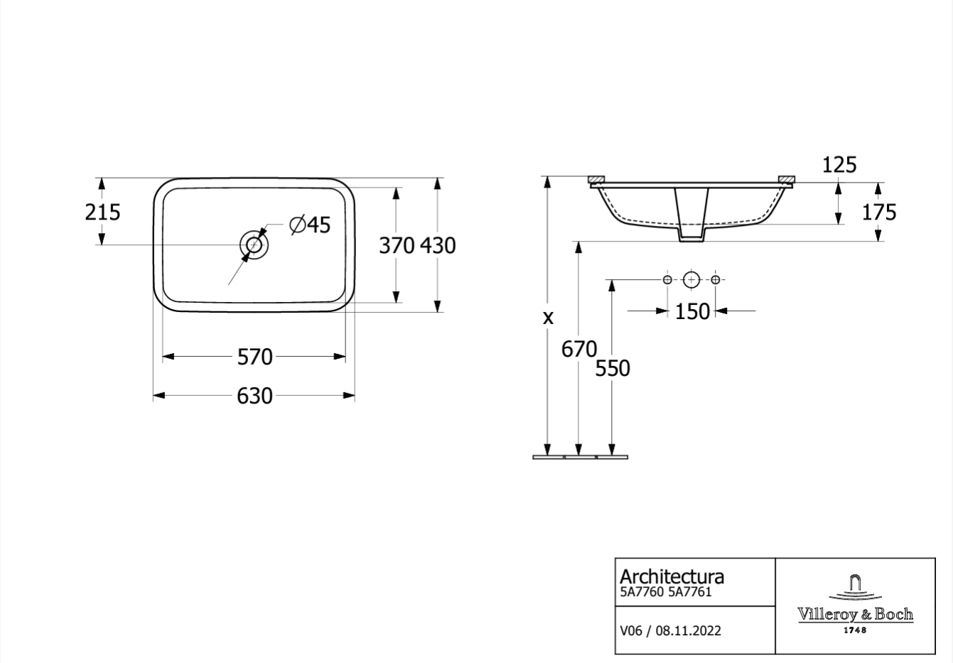 Раковина встраиваемая снизу 57 см Villeroy & Boch Architectura 5A776001 белый