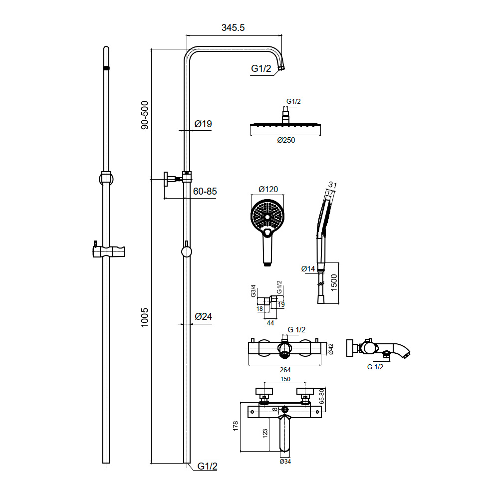 Душевая стойка с термостатом AQUAme AQM8008GM вороненая сталь