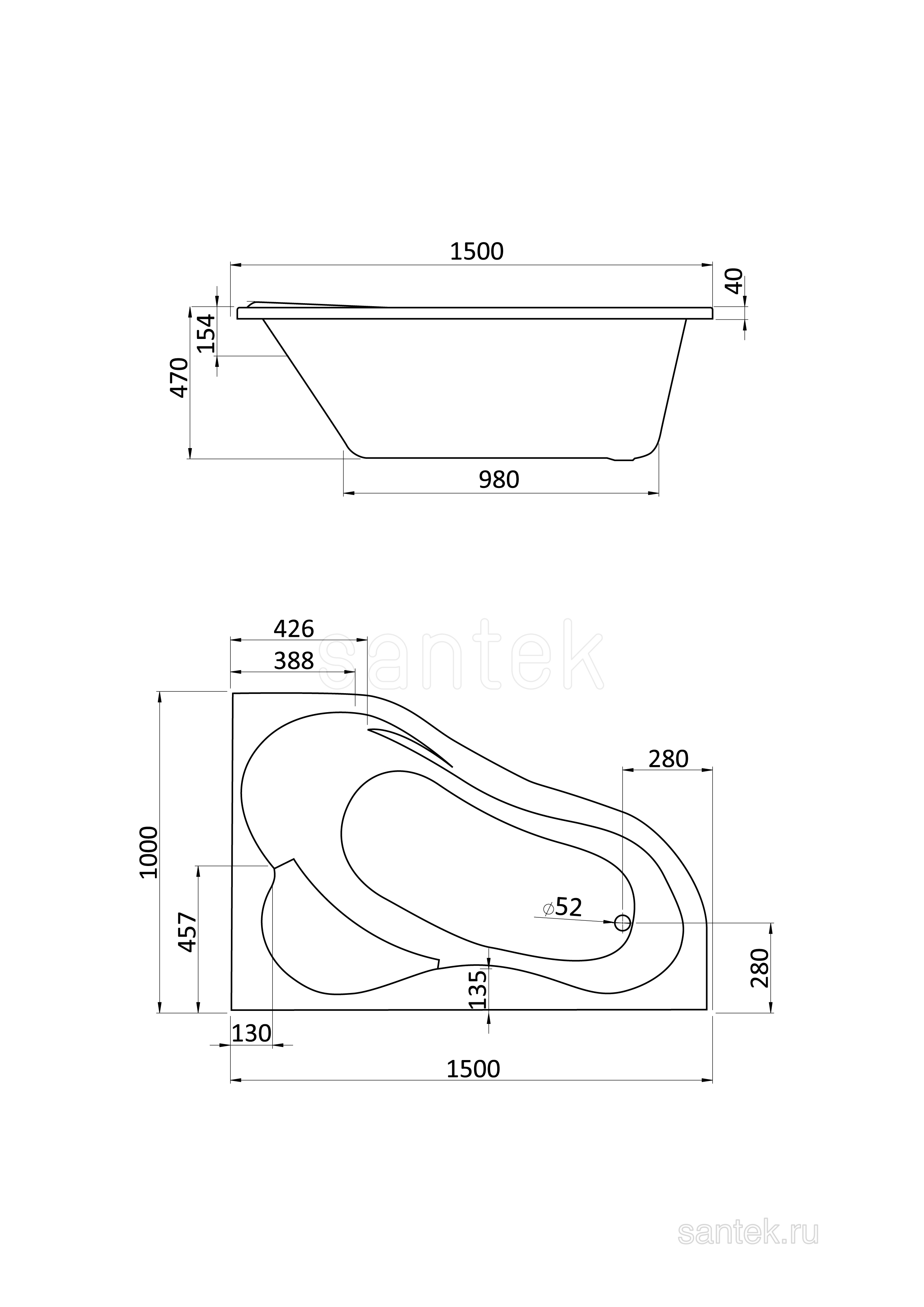 Акриловая ванна Santek Ибица 150х100 R асимметричная белая 1WH112035