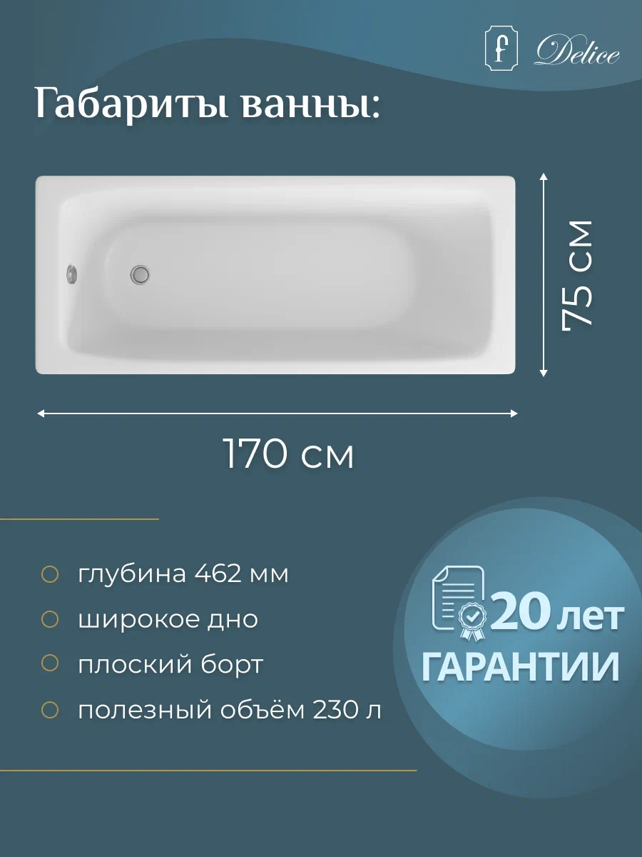 Ванна чугунная Delice Biove 1700х750, с ручками