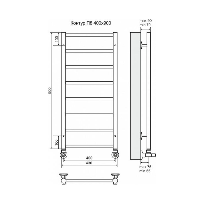 Полотенцесушитель водяной Terminus Контур с полкой П8 400x900