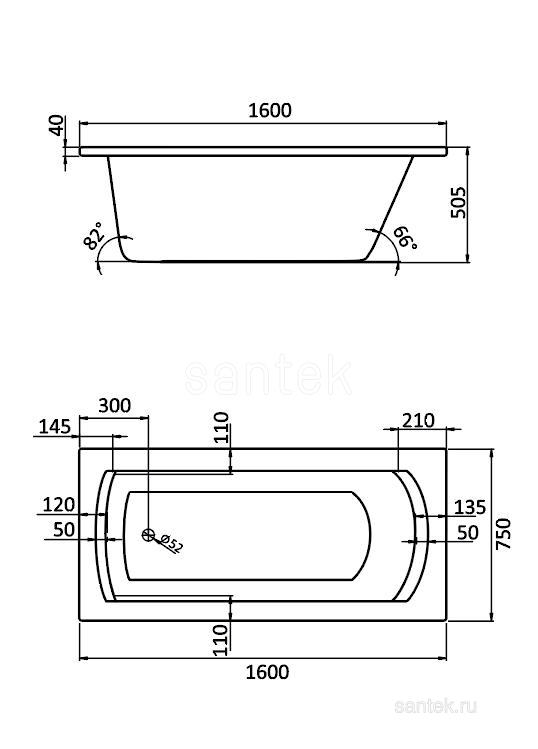 Акриловая ванна Santek Монако XL 160х75 прямоугольная белая 1WH111978