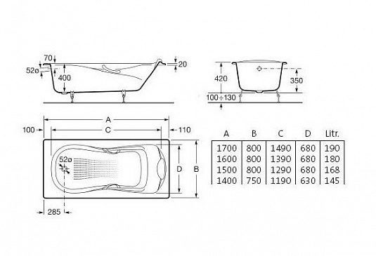 Чугунная ванна Roca Haiti 2331G0000 140x75 см с отверстиями для ручек