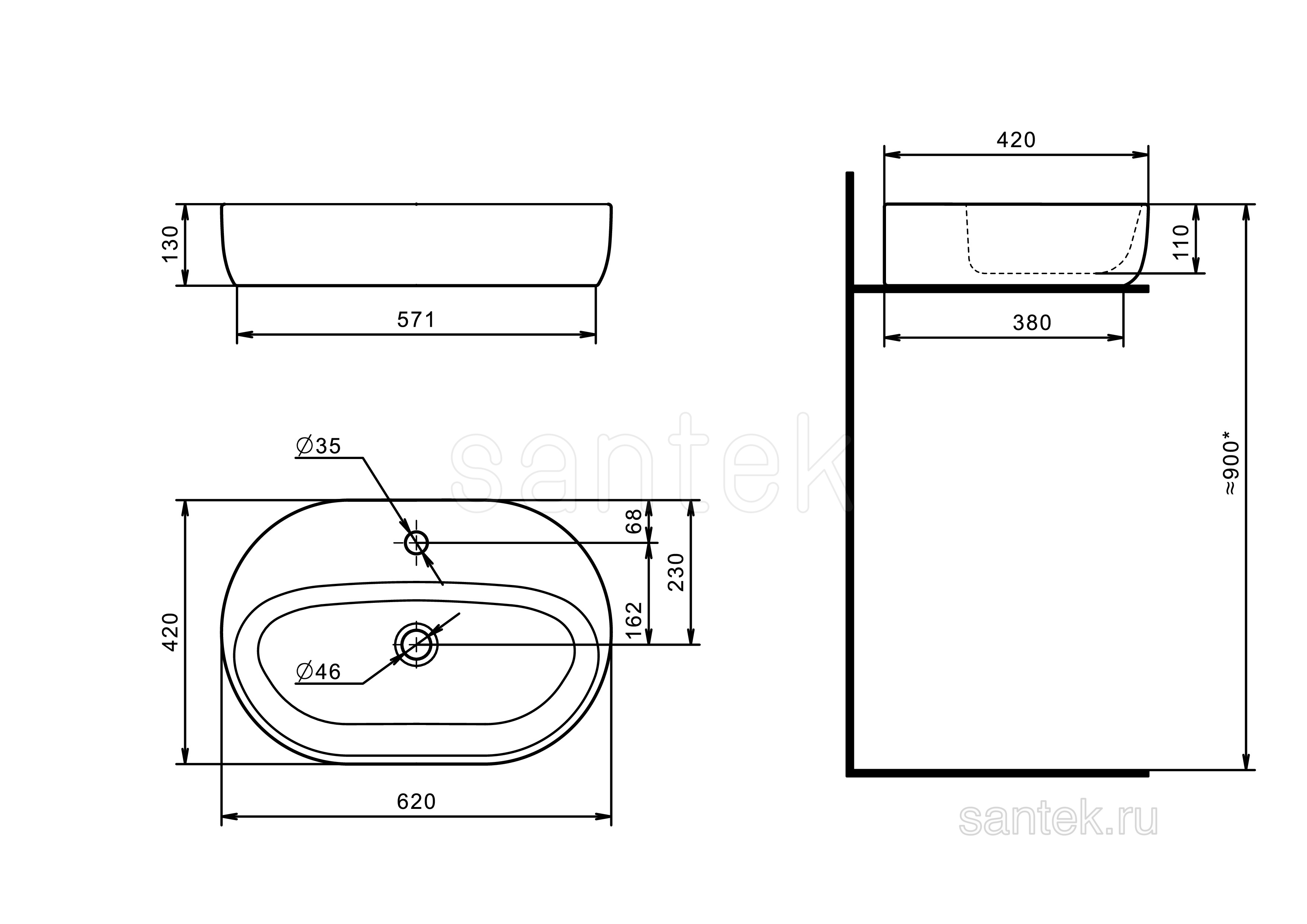 Раковина Santek Одри Round 420x620 отверстие под смеситель 1WH501710