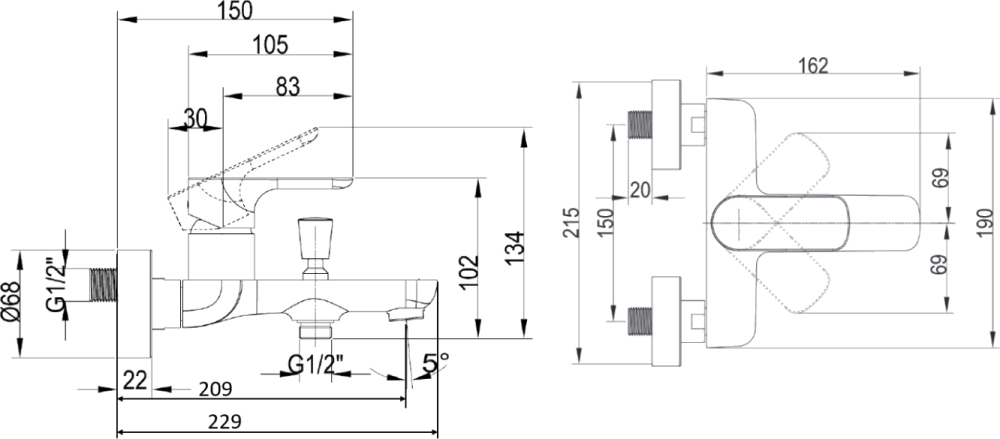 Смеситель для ванны с душем Villeroy & Boch O.Novo TVT10400100061 хром