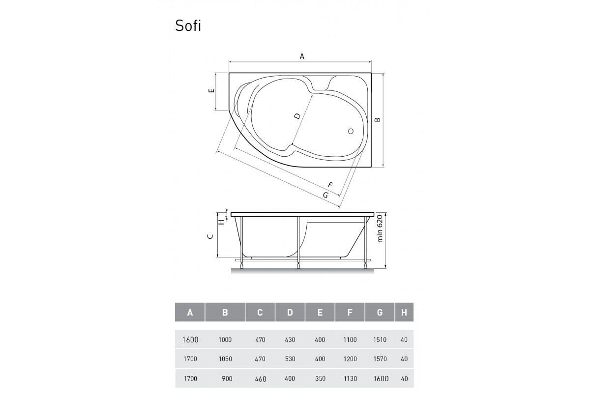 Ванна акриловая правосторонняя Relisan SOFI Гл000026239, 170x90