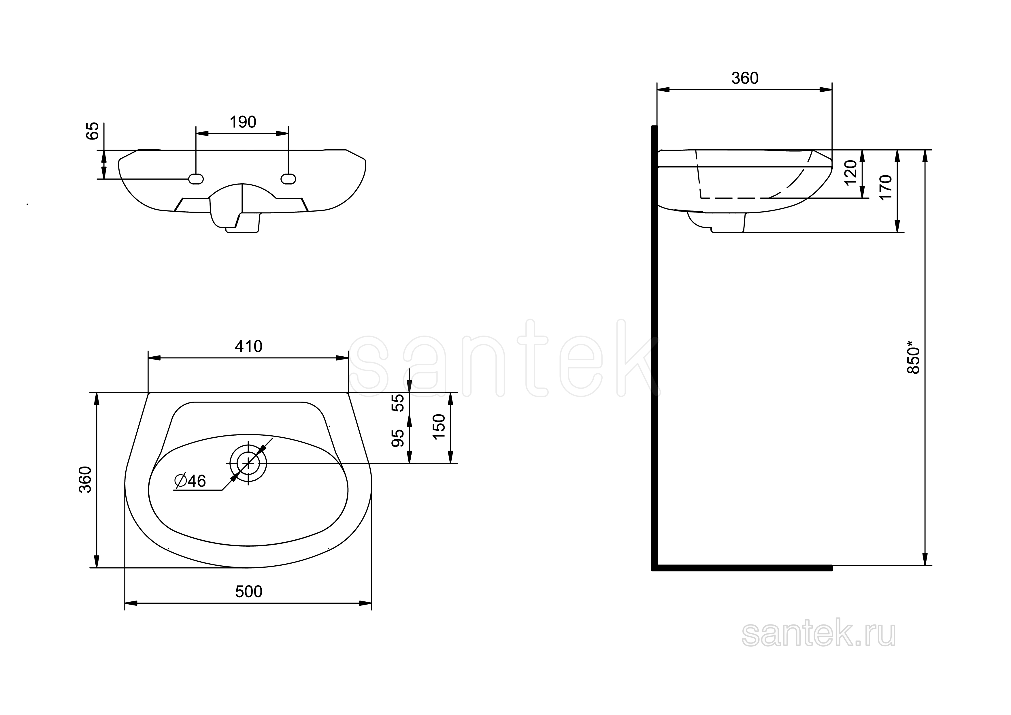 Раковина Santek Бриз 50 без отверстия под смеситель 1WH110448