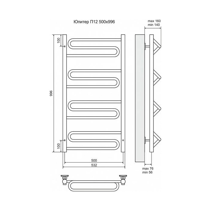 Полотенцесушитель электрический Terminus Юпитер П12 500x996, ТЭН HT-1 300W, левый/правый