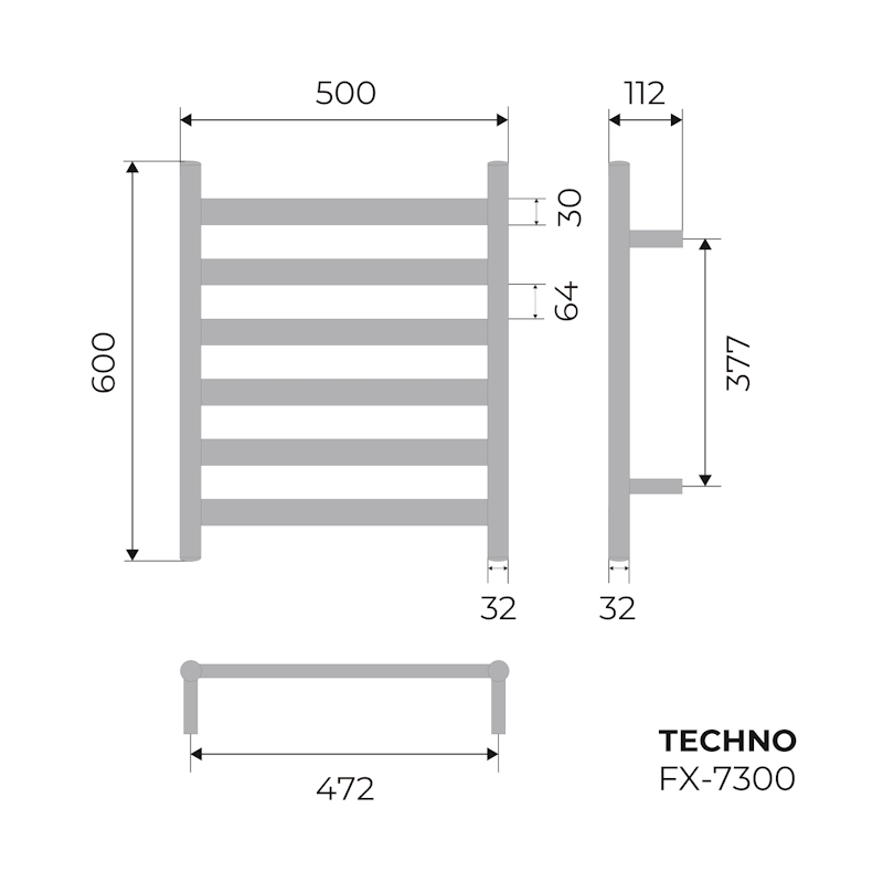 Полотенцесушитель электрический Fixsen TECHNO 600х500 FX-7300, хром