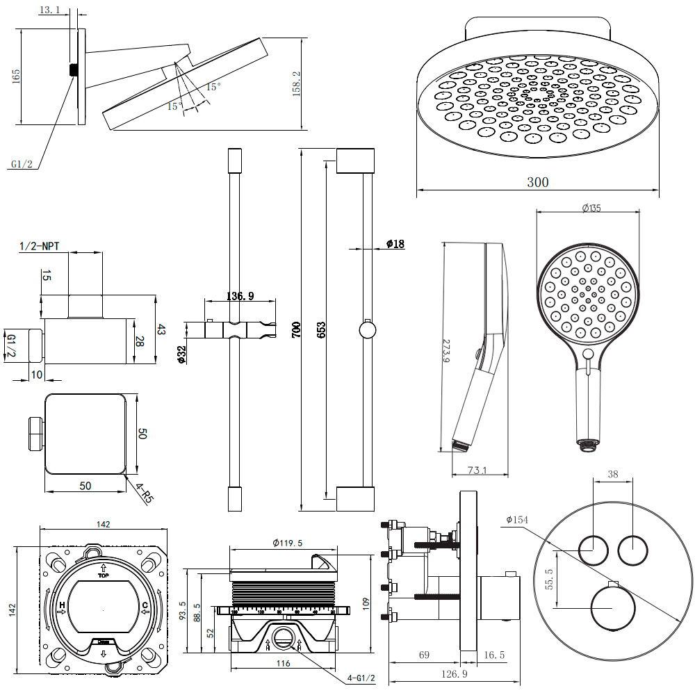 Встраиваемая душевая система с термостатом AQUAme AQM8403GM вороненая сталь