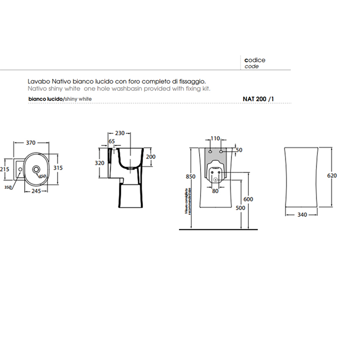 Раковина подвесная 35см Azzurra Nativo NAT200/1 bi*1 белый