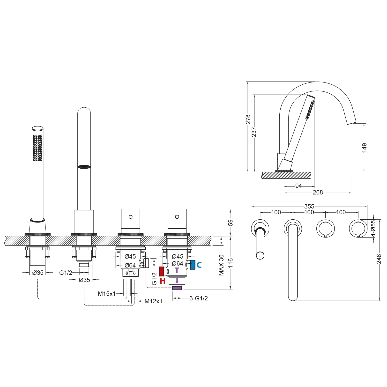 Смеситель термостатический на борт ванны Timo Saona 2330/03Y черный матовый