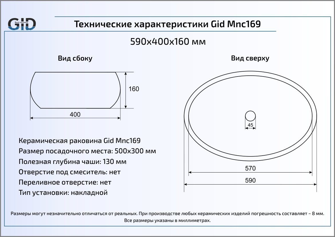 Раковина накладная 59см Gid Mnc169 белый/красный