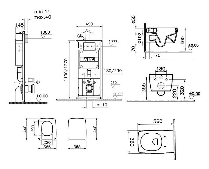 Комплект подвесной безободковый унитаз VitrA Metropole Rim-Ex, система инсталляции VitrA V12, кнопка Loop T матовый хром, тонкое сиденье микролифт