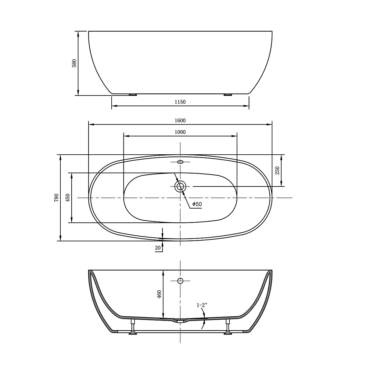 Ванна акриловая Vincea VBT-405-1600, 1600*780*580, цвет белый, слив-перелив в комплекте, хром