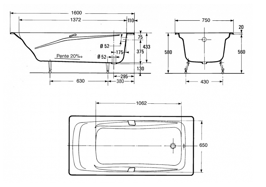 Чугунная ванна Jacob Delafon Repos 160x75 см c отверстиями под ручки
