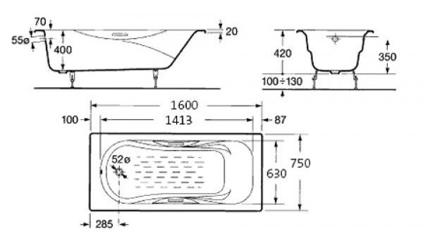 Чугунная ванна Roca Malibu 2310G000R 160x75 см с отверстиями под ручки