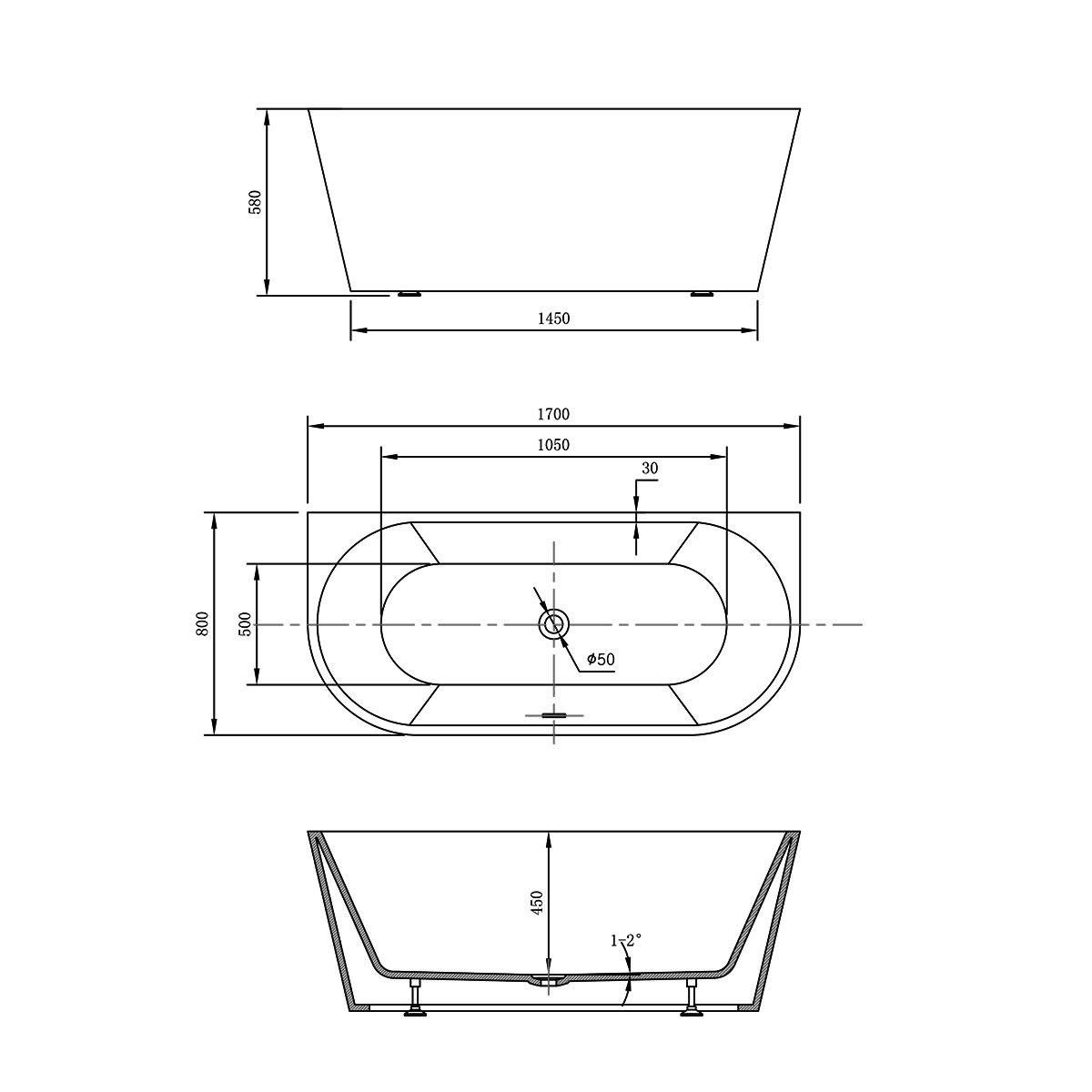 Ванна акриловая Vincea VBT-421-1700MW, 1700*800*580, цвет белый матовый, слив-перелив в комплекте, хром