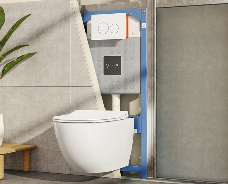 Комплект подвесной безободковый унитаз VitrA Sento Rim-Ex, система инсталляции VitrA V12, кнопка Sirius матовый хром, тонкое сиденье микролифт