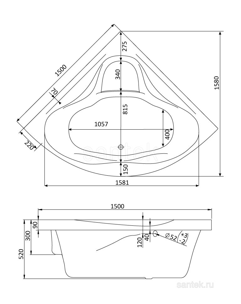 Акриловая ванна Santek Сан-Паулу 150х150 симметричная белая 1WH302399