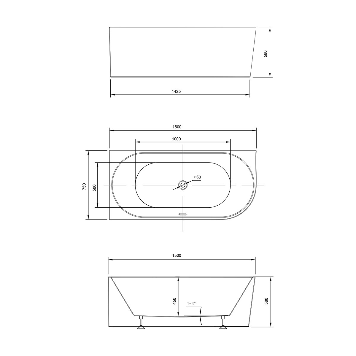 Ванна акриловая Vincea VBT-402-1500L, 1500*750*580, цвет белый, левая, слив-перелив в комплекте, хром