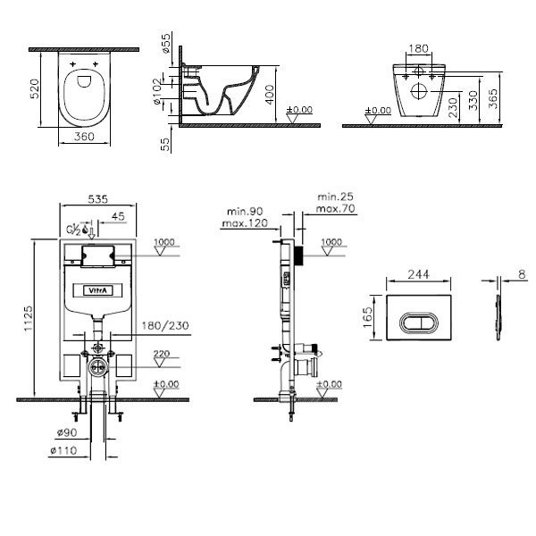 Комплект унитаза с инсталляцией Vitra S50 9003B003-7201 с сиденьем Микролифт и кнопкой смыва Хром