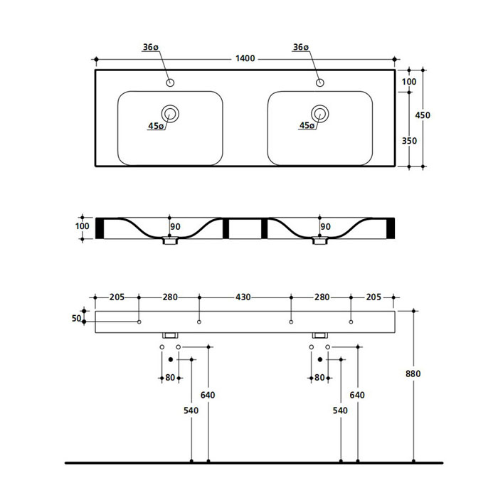 Раковина подвесная 140см Kerasan Cento 353601*1 белый