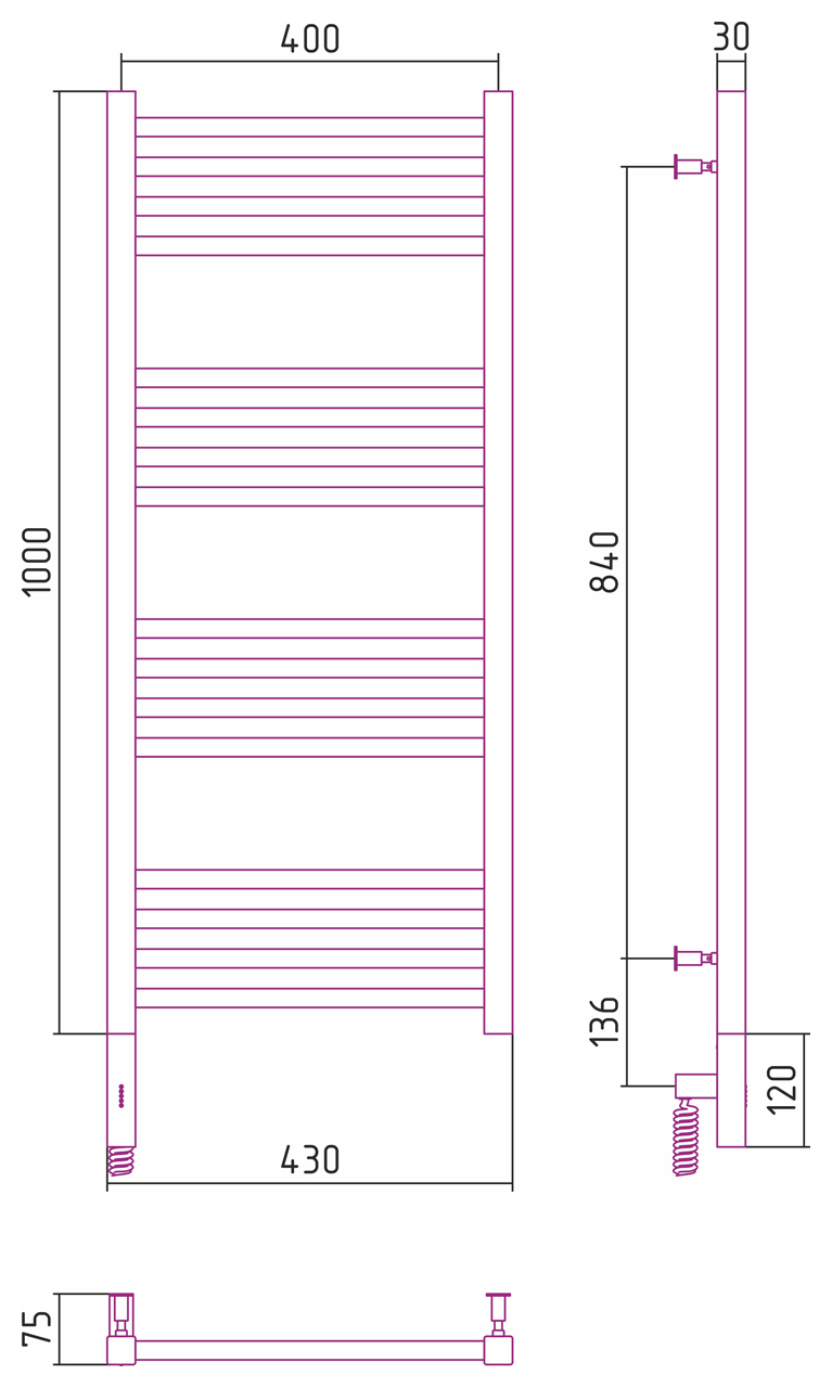 Полотенцесушитель электрический Сунержа Модус 3.0 100х40 черный матовый, левый ТЭН