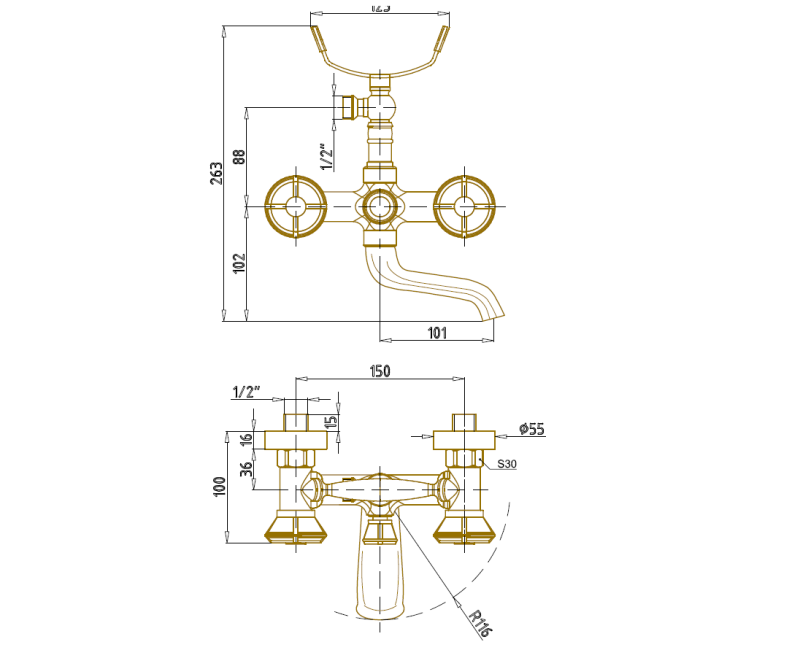 Смеситель для ванны Bronze de Luxe ROYAL 10119, бронза