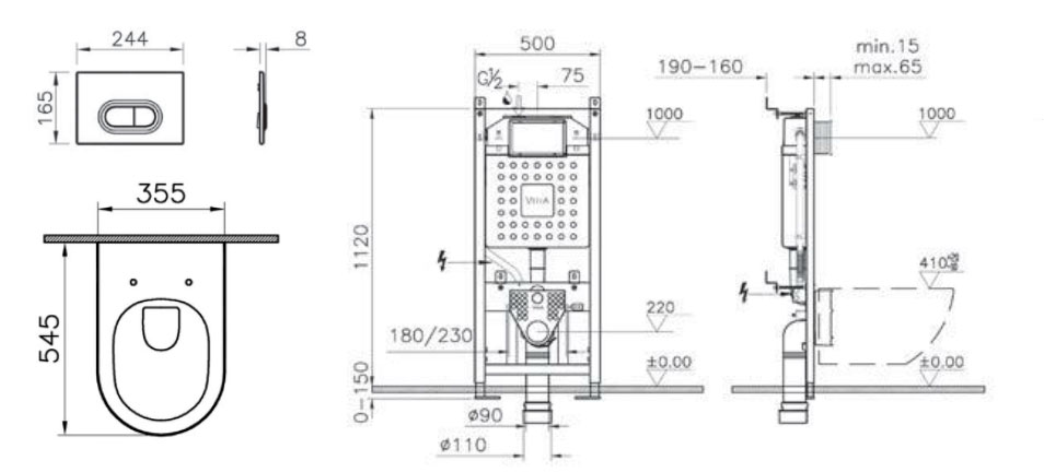 Безободковый унитаз VitrA Integra Round L-box 9004B003-7202 с тонкой дюропластовой крышкой микролифт, кнопка Матовый хром