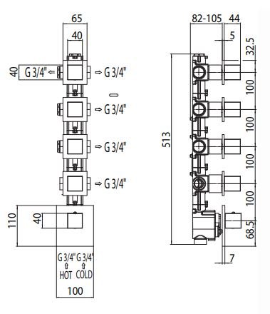 Скрытая часть для термостата HighFlow на 5 потребителей (установка вертикально/горизонтально) Bossini Outlets Z030275000
