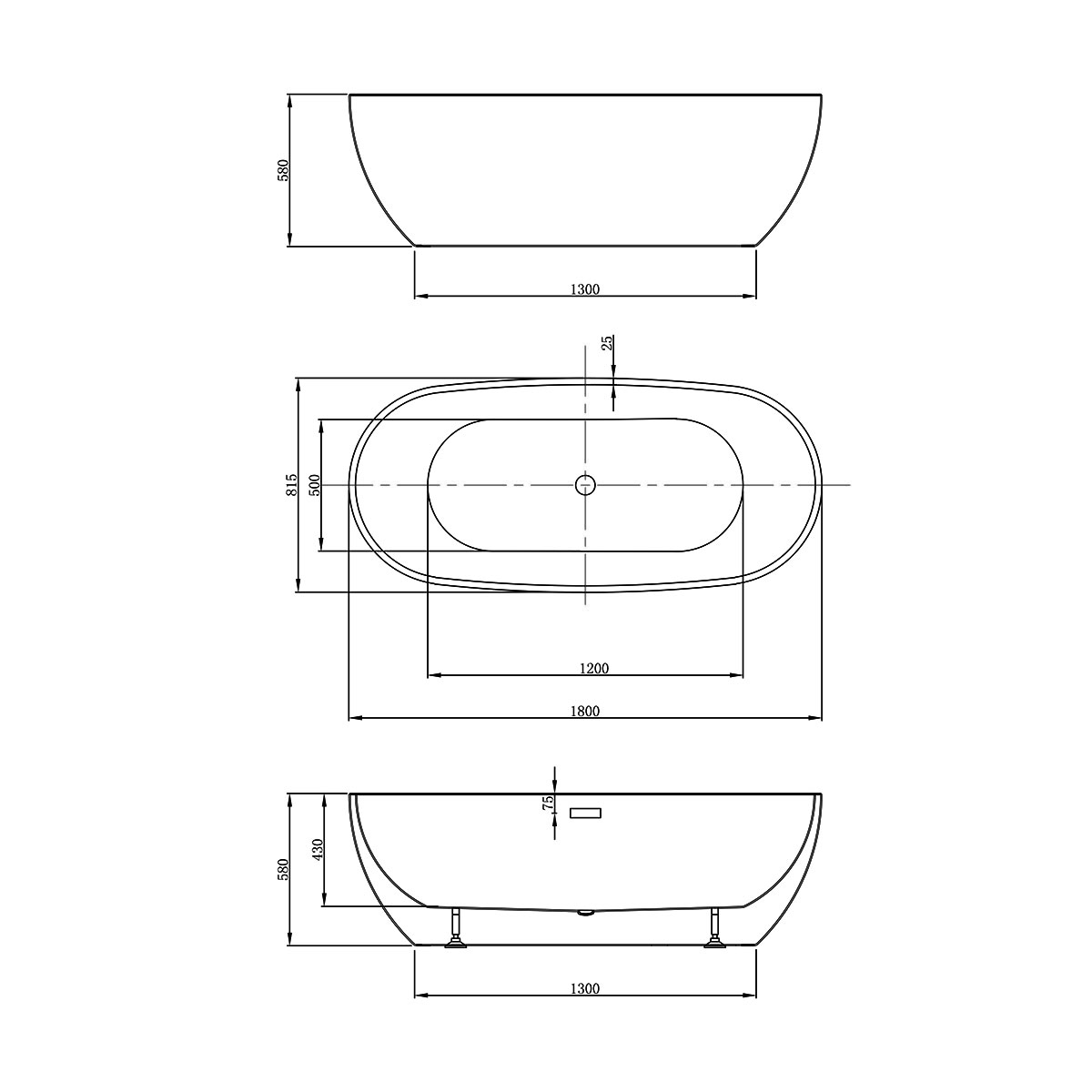 Ванна акриловая Vincea VBT-408-1800, 1800*815*580, цвет белый, слив-перелив в комплекте, хром