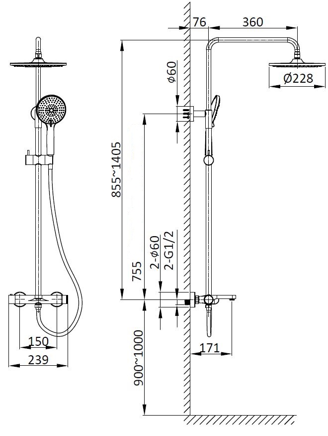 Душевая стойка со смесителем Vincea Rondo VSFS-1R1MB черный матовый