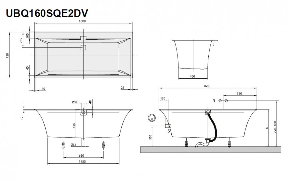 Квариловая ванна Villeroy & Boch Squaro Edge 12 UBQ160SQE2DV-01 alpin