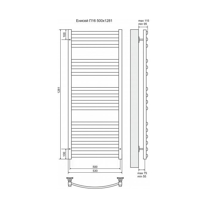 Полотенцесушитель электрический Terminus Енисей П16 500x1281, ТЭН HT-1 300W, левый/правый