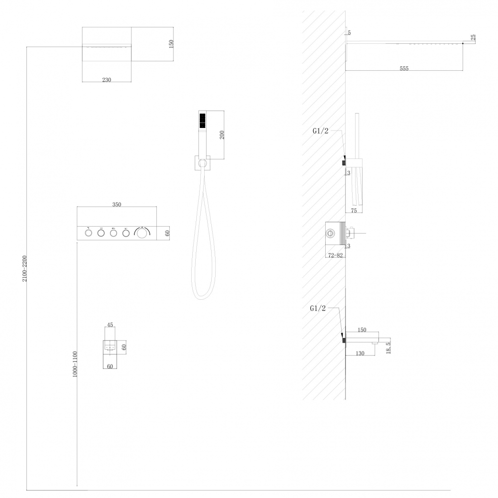 Душевая система ABBER Rund AF8753B скрытого монтажа с изливом, термостат, черная матовая