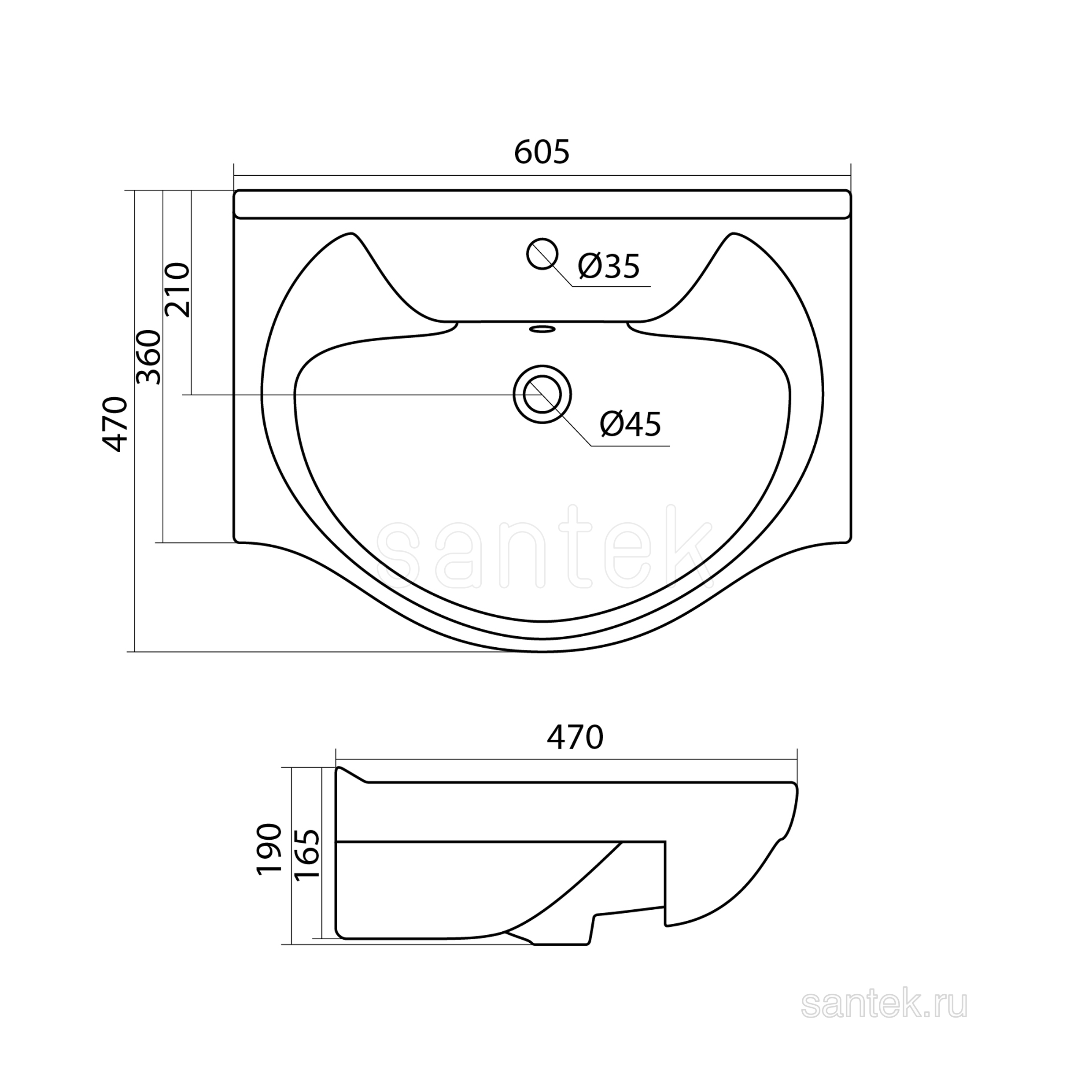 Раковина Santek Байкал 60 отверстие под смеситель 1WH109652