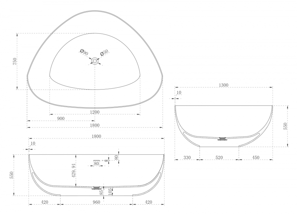 Ванна из искусственного камня ABBER Stein AS9608 белая матовая