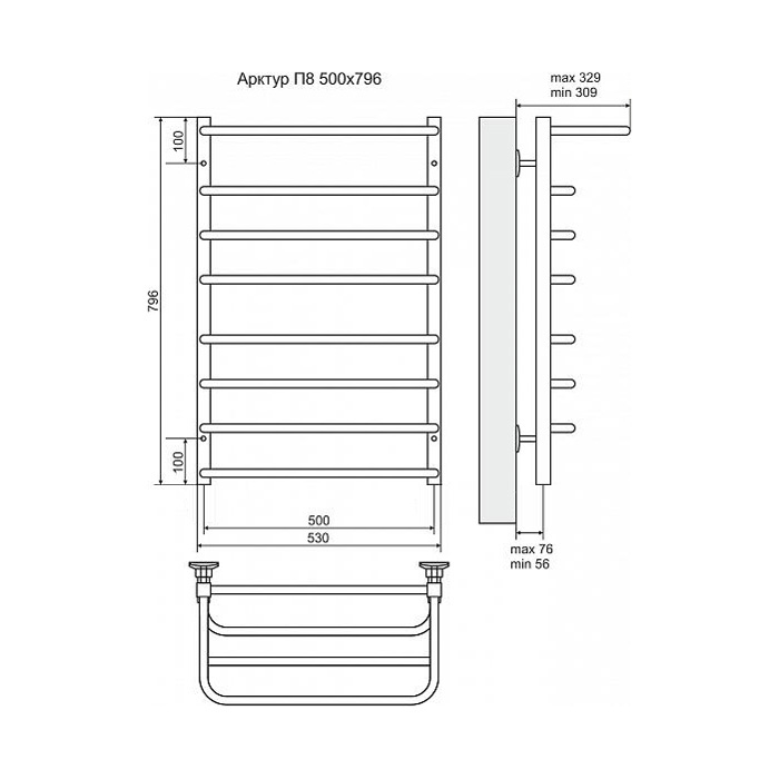 Полотенцесушитель электрический Terminus Арктур П8 500x796 с полкой, ТЭН HT-1 300W, левый/правый