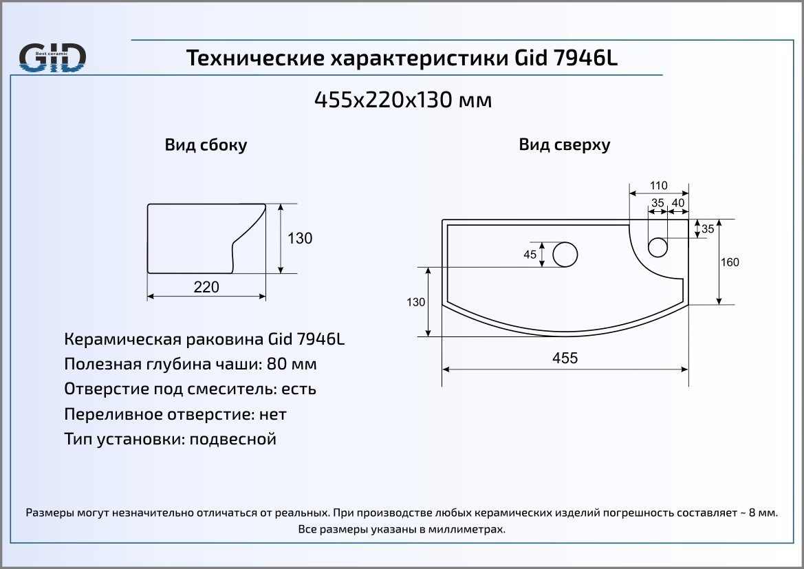 Раковина подвесная 45.5см Gid 7946L белый